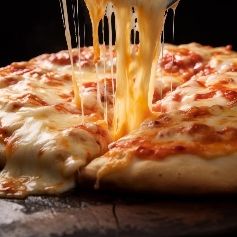 A slice of Cestra's Pizza III being pulled, showing long, gooey strings of melted cheese.