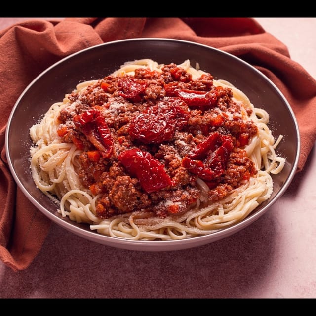Spaghetti with sausage catering.