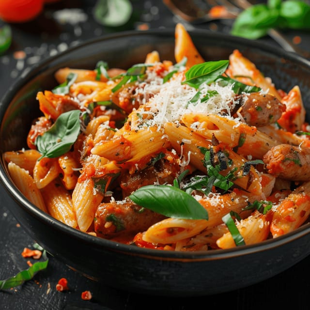 Penne with sausage catering.
