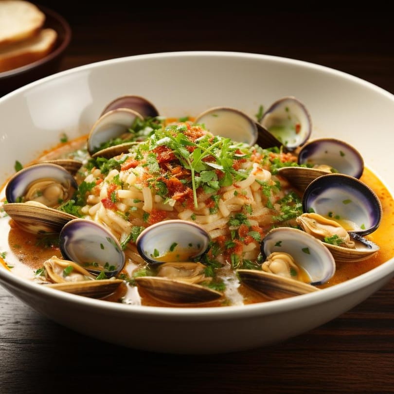 Clams and pasta in a white bowl, garnished with herbs and red sauce, with bread in the background.