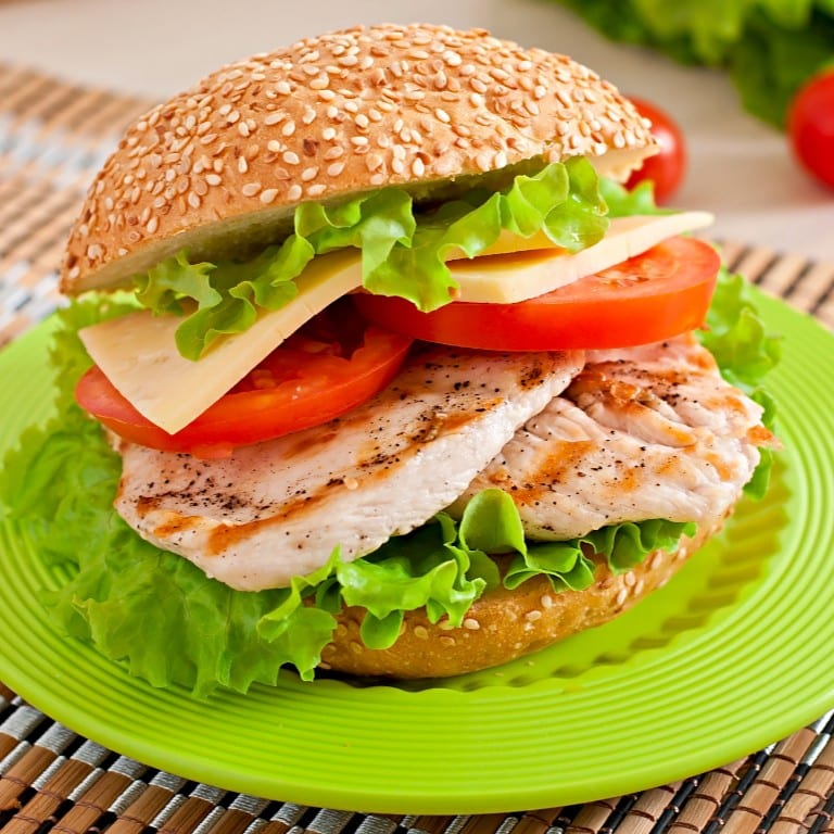 Grilled chicken, lettuce & tomatoes hero.