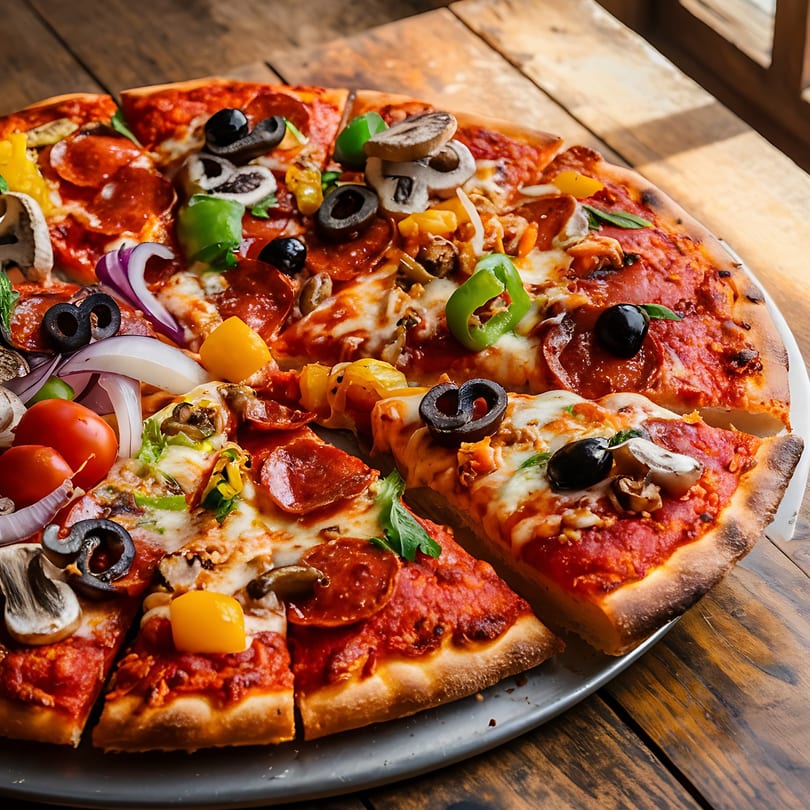 A large, sliced Cestra's Pizza III pizza with various toppings on a wooden table.