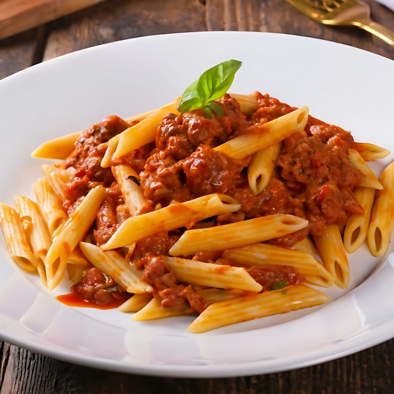 Penne pasta with meat sauce and a basil leaf on a white plate, on a wooden table.